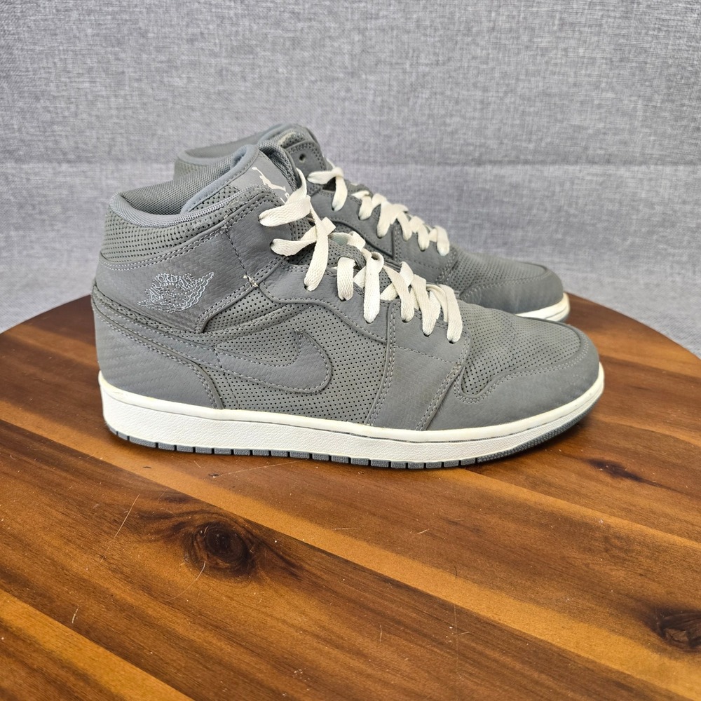 Air Jordan 1 Mid Cool Grey Perforated Leather Sneakers Mens Size 10 554724-044